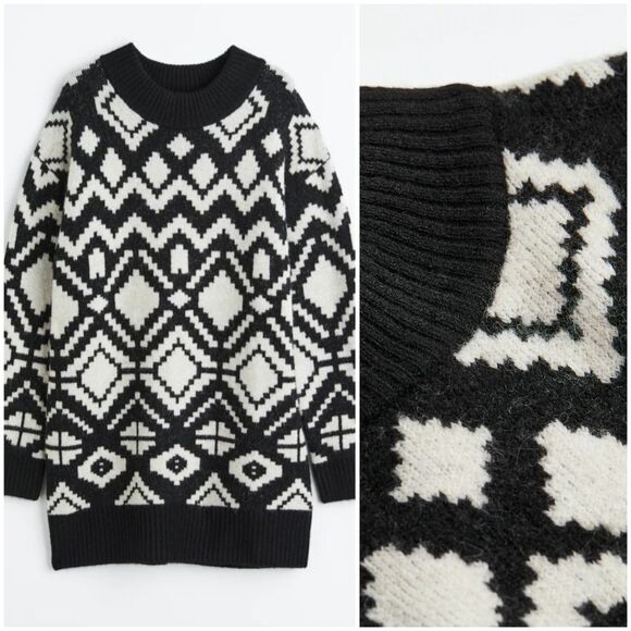 H&M Women's XS MAMA Jacquard-Knit Crewneck Geometric Pattern Sweater Black White - Picture 1 of 16